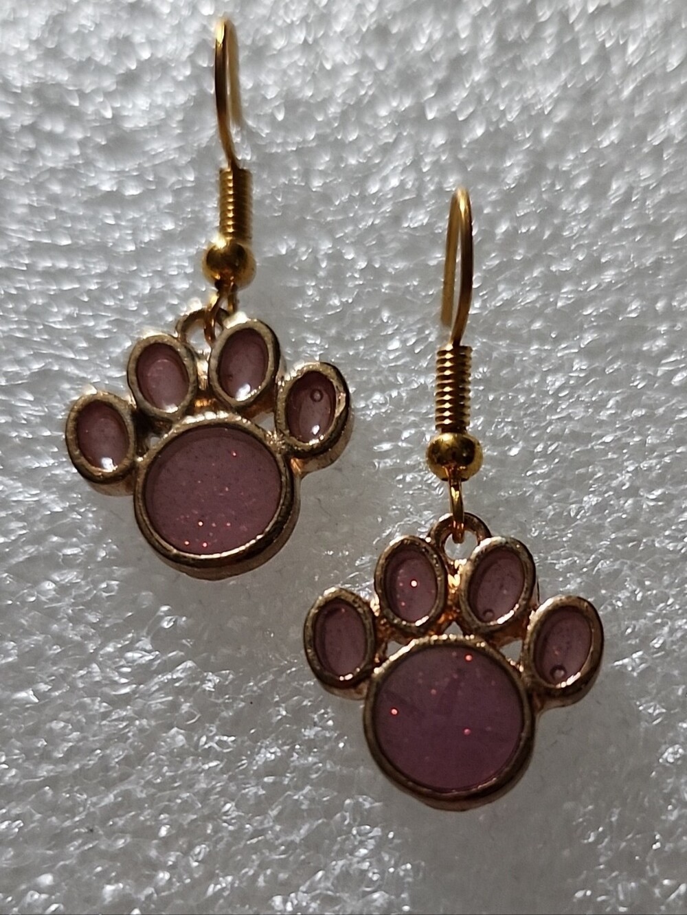 Hand Crafted Pink and Gold Paw Print Dangle Earrings